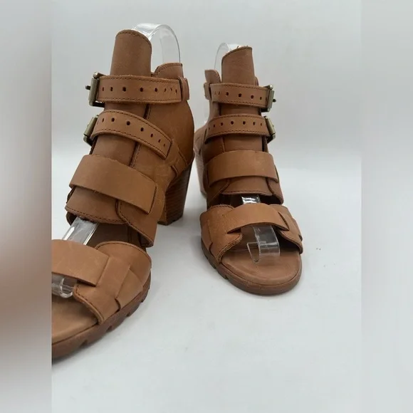 NEW Sorel Nadia Buckle Heel Sandal Camel Brown Leather Boho Chunky Size 8.5 - Picture 10 of 13